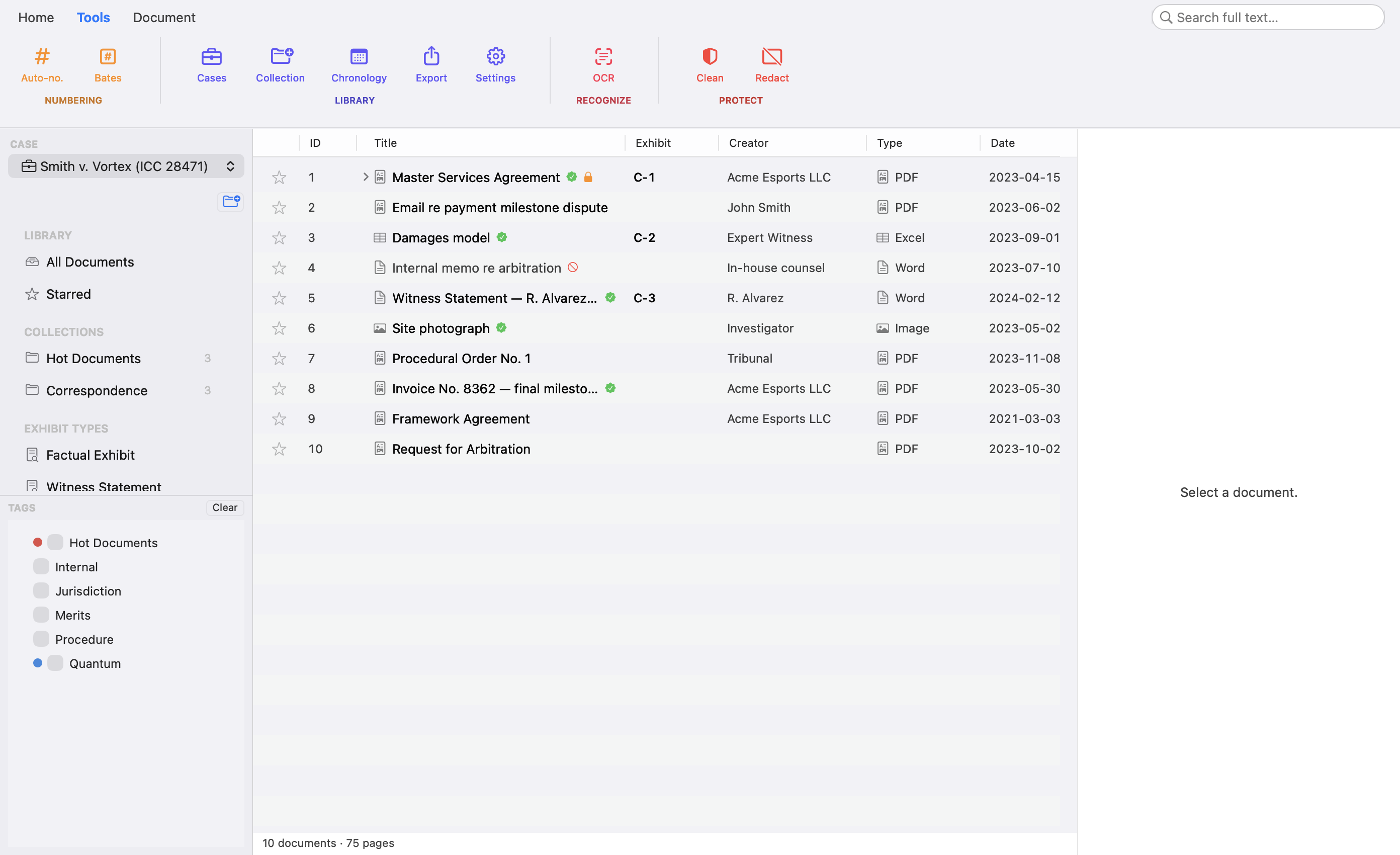 LitArbi Tools ribbon with Auto-number, Bates, Cases, Collection, Export, Settings and OCR